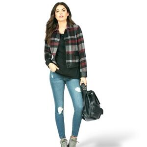 JUST FAB Plaid Cropped Jacket Faux Leather Trim Front Button Closure US Sz 3X